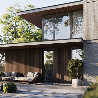 Exterior Wood-Look Composite Slat Panels.