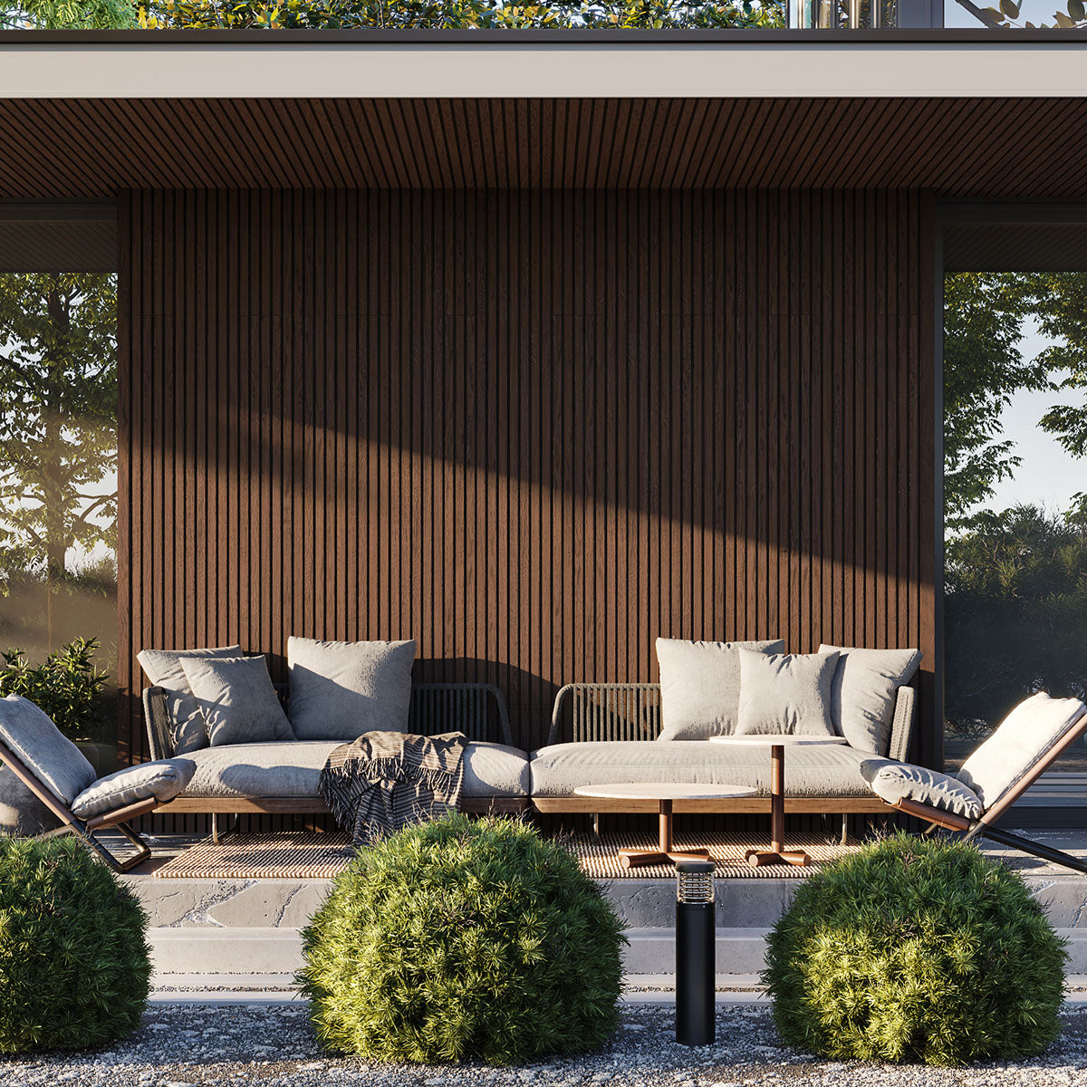 Exterior Wood-Look Composite Slat Panels.