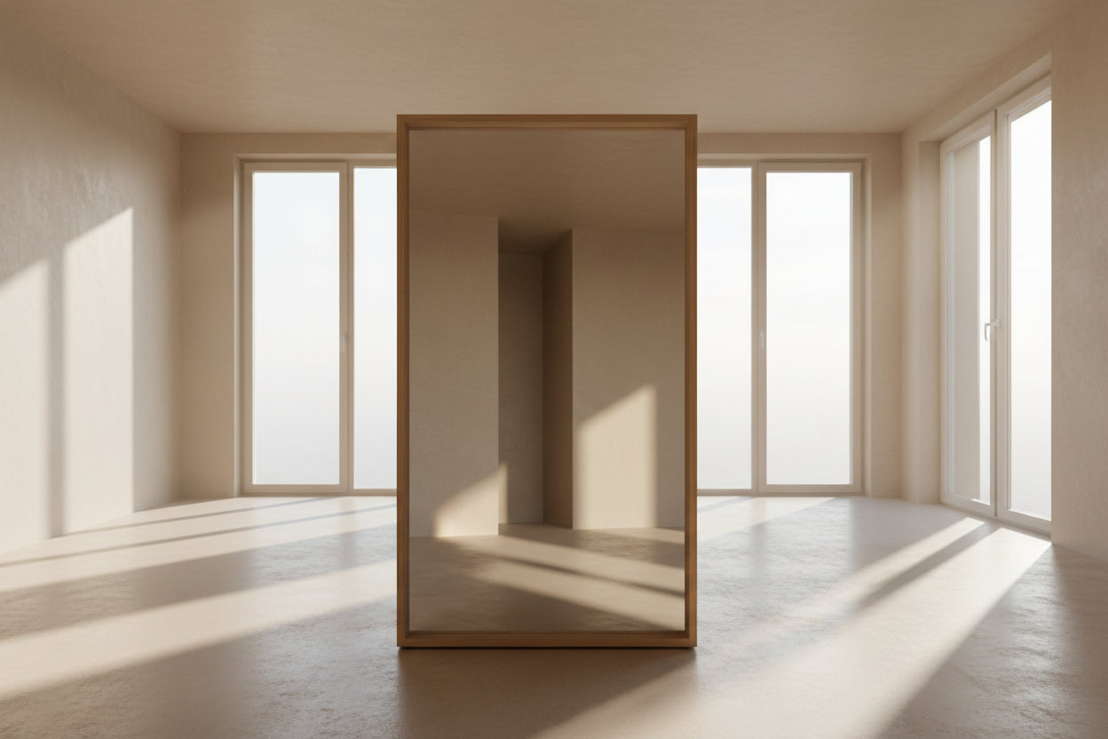 Large mirror with wooden frame in a minimalistic room with large windows.