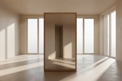 Large mirror with wooden frame in a minimalistic room with large windows.