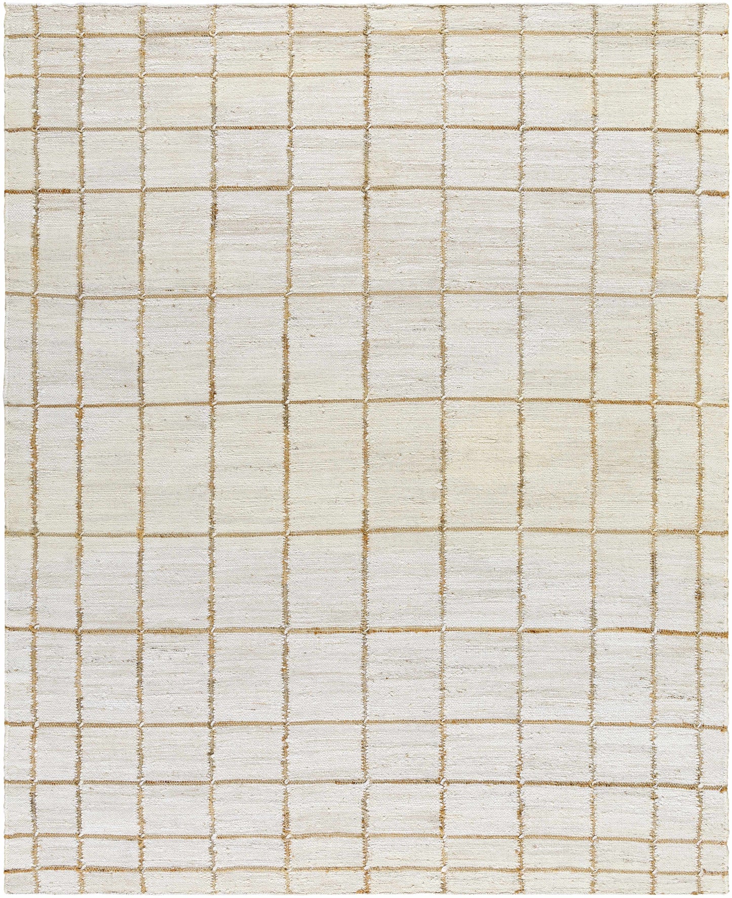 Grid-patterned rug with beige lines on a white background