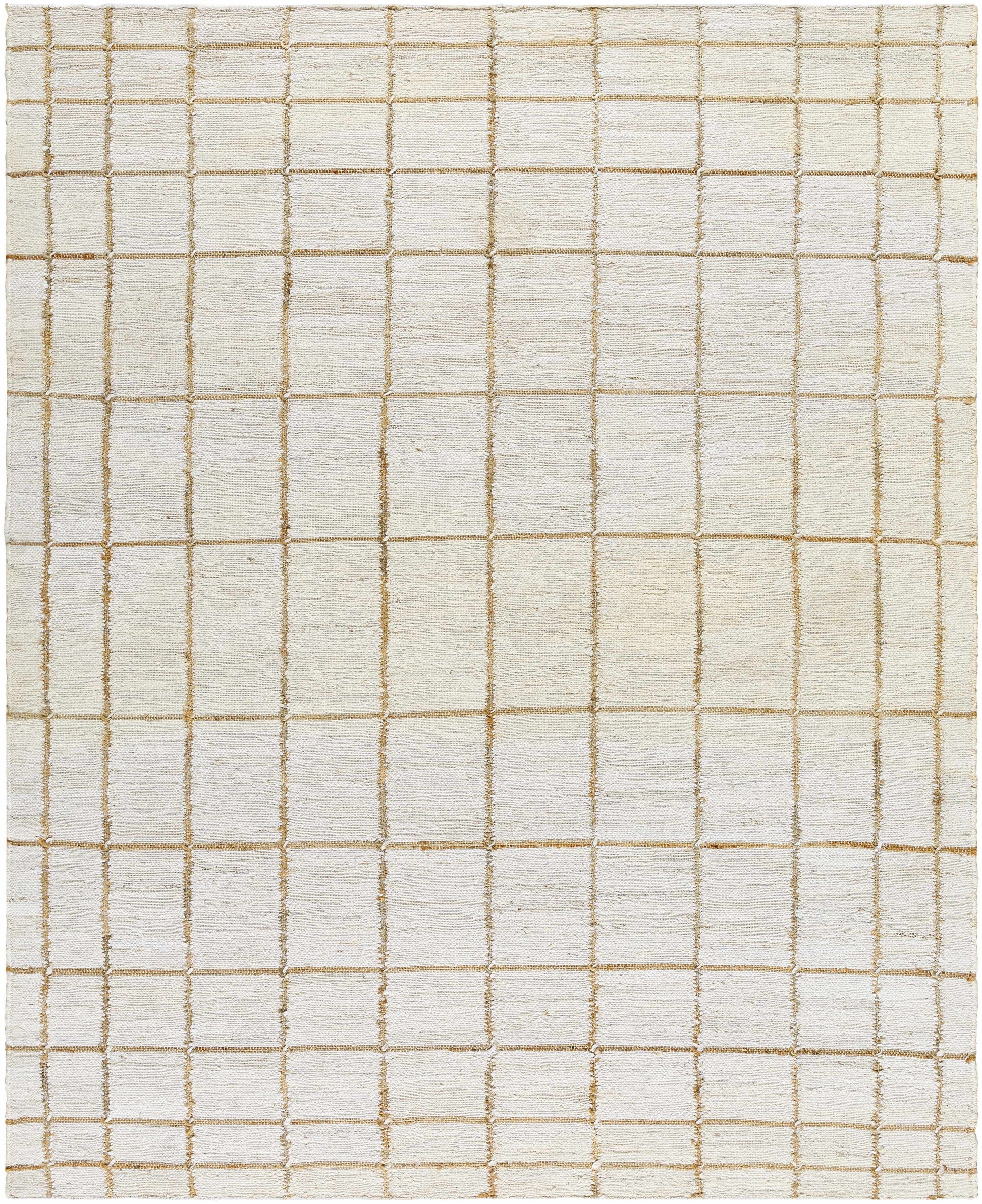 Grid-patterned rug with beige lines on a white background