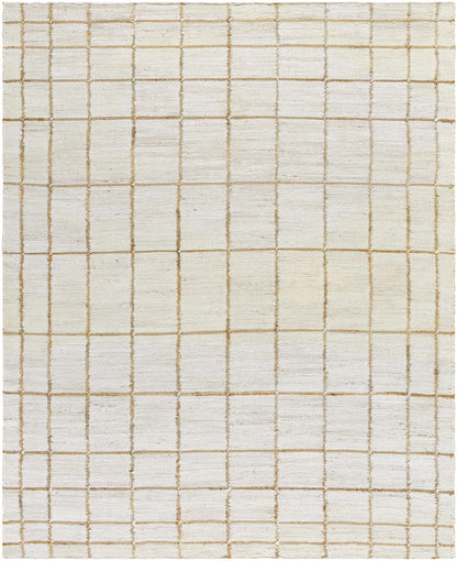 Grid-patterned rug with beige lines on a white background