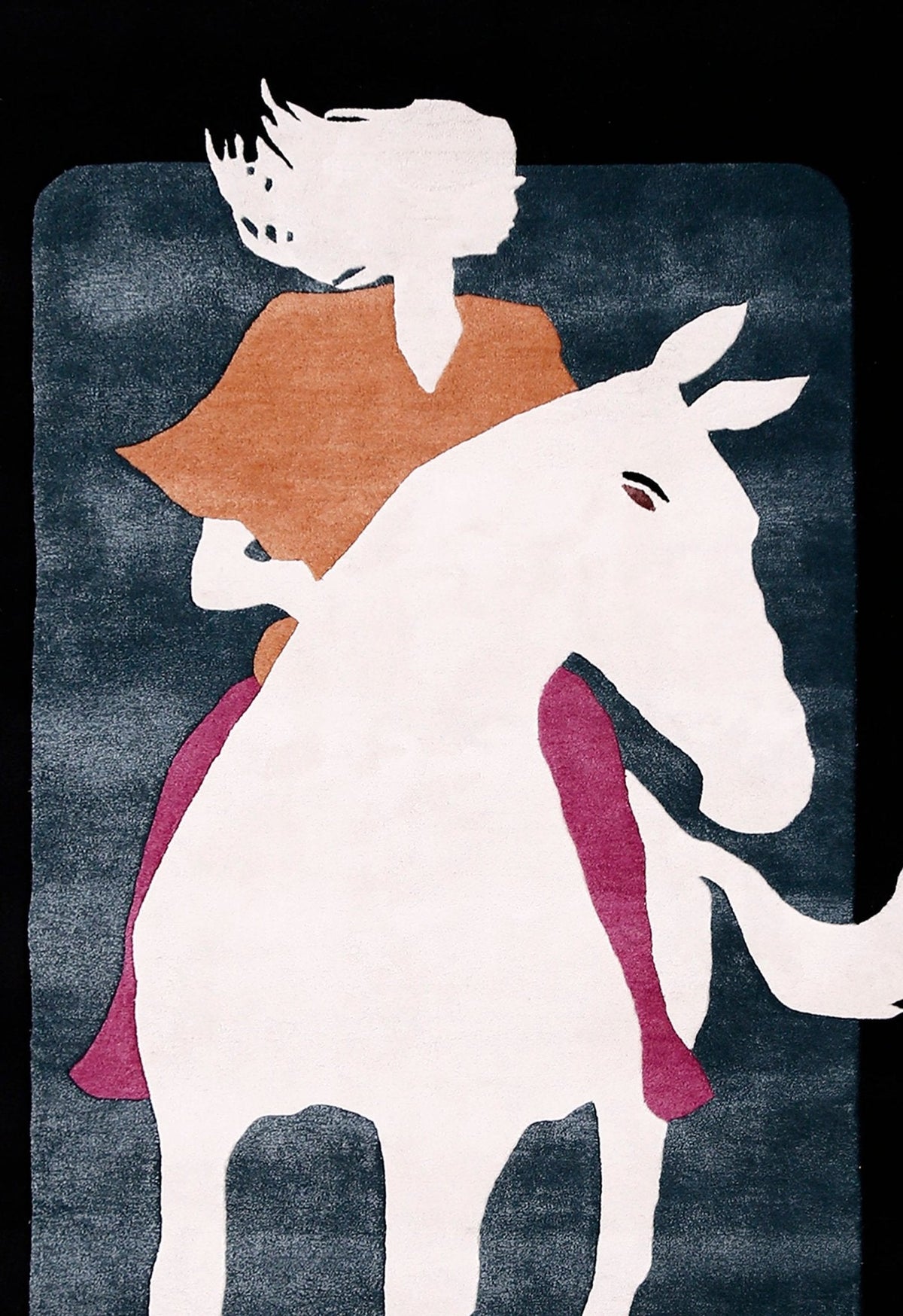 A Woman Riding Horse Ivory And Black Hand Tufted 5x8 Wool Area Rug.