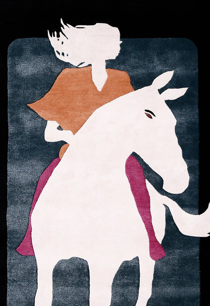 A Woman Riding Horse Ivory And Black Hand Tufted 5x8 Wool Area Rug.