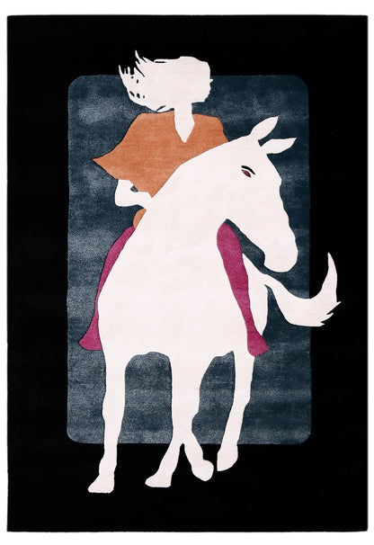 A Woman Riding Horse Ivory And Black Hand Tufted 5x8 Wool Area Rug.