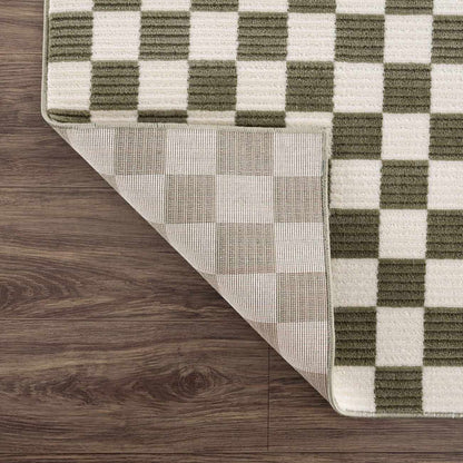 Kaysar Olive Green Checkered Washable Area Rug