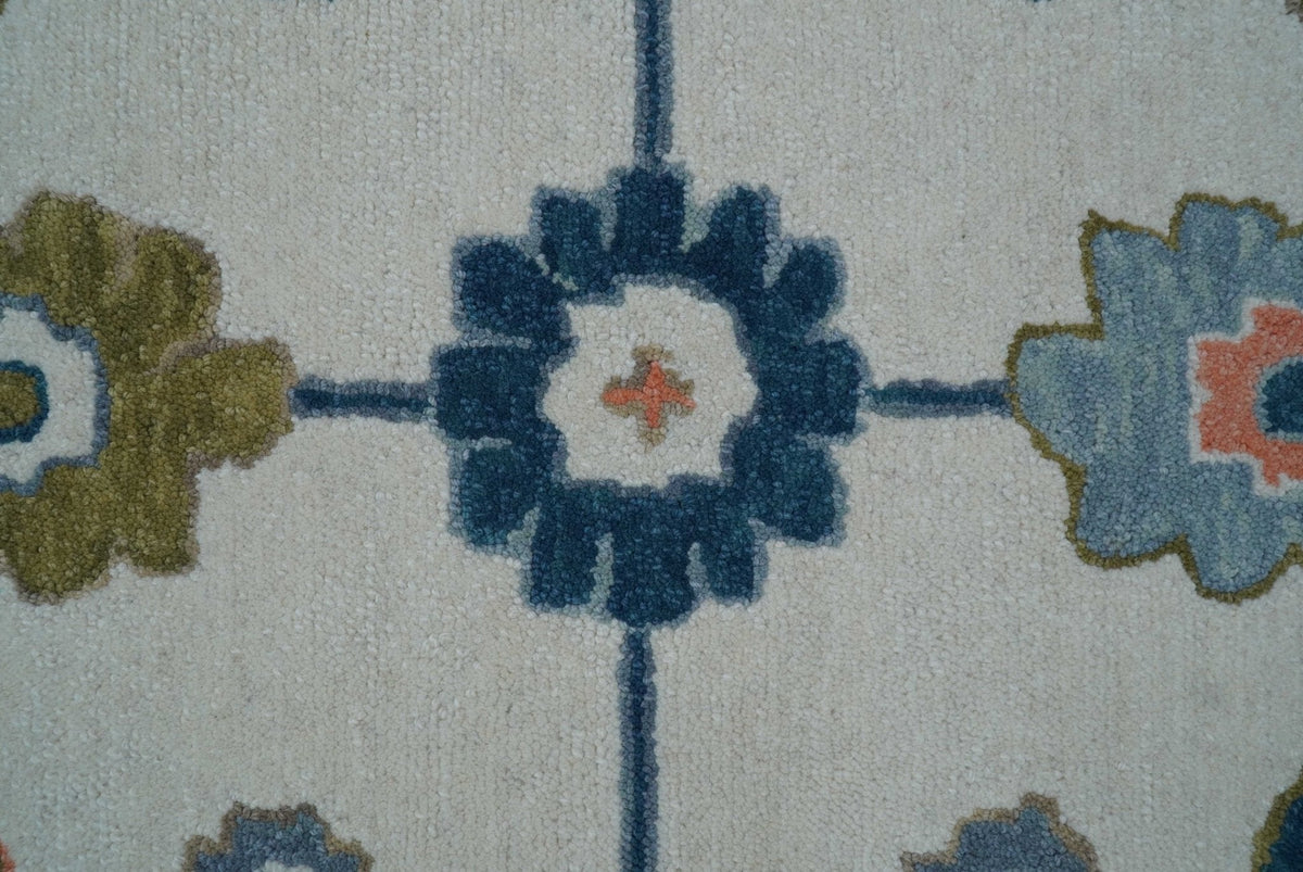 Allure Custom Made Ivory And Blue Traditional Oushak Hand Tufted Wool Rug.