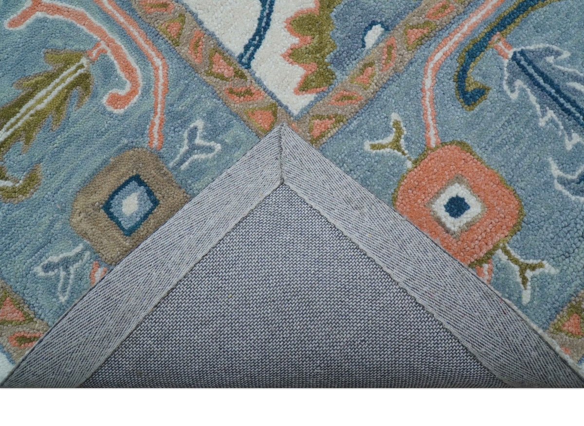 Allure Custom Made Ivory And Blue Traditional Oushak Hand Tufted Wool Rug.