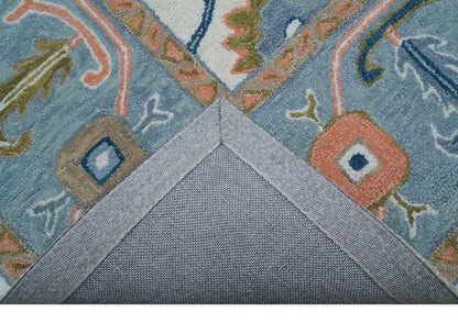 Allure Custom Made Ivory And Blue Traditional Oushak Hand Tufted Wool Rug.