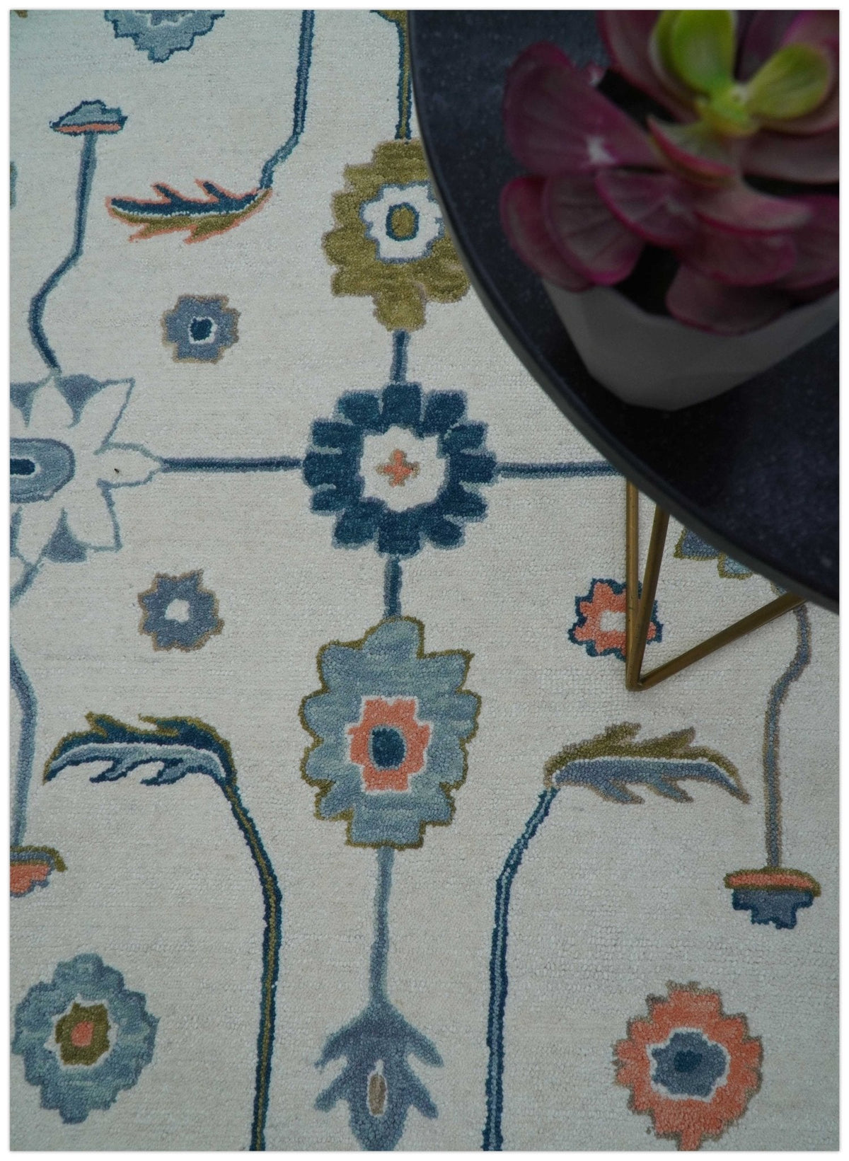 Allure Custom Made Ivory And Blue Traditional Oushak Hand Tufted Wool Rug.