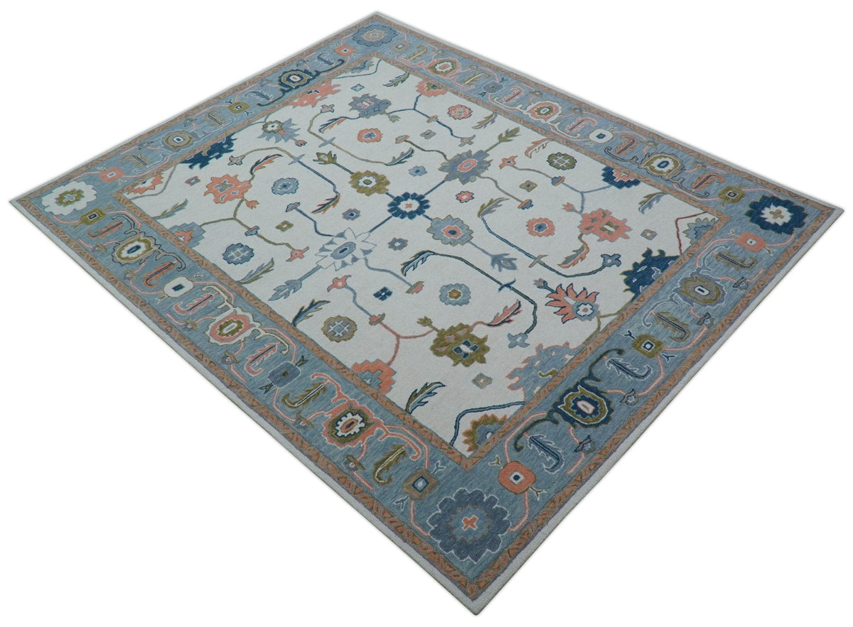Allure Custom Made Ivory And Blue Traditional Oushak Hand Tufted Wool Rug.