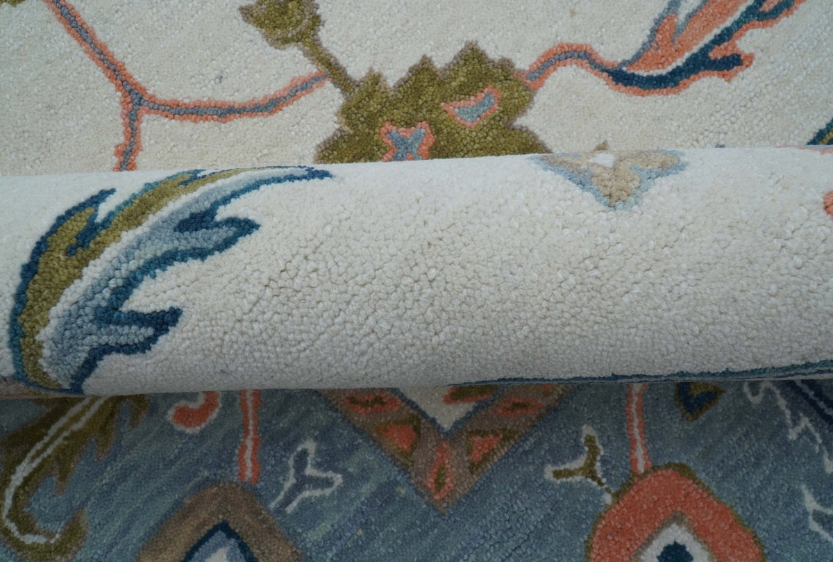 Allure Custom Made Ivory And Blue Traditional Oushak Hand Tufted Wool Rug.