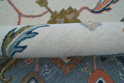 Allure Custom Made Ivory And Blue Traditional Oushak Hand Tufted Wool Rug.