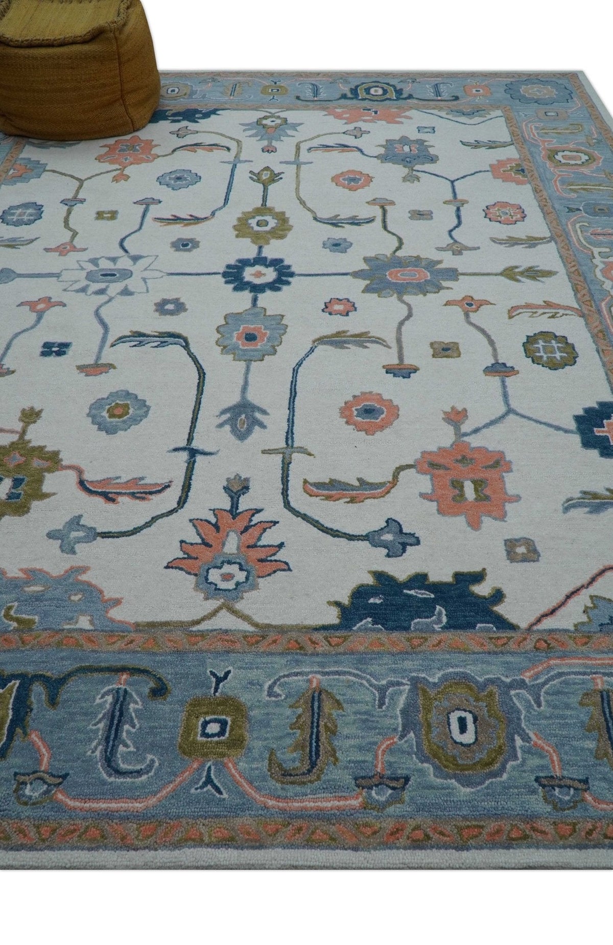 Allure Custom Made Ivory And Blue Traditional Oushak Hand Tufted Wool Rug.