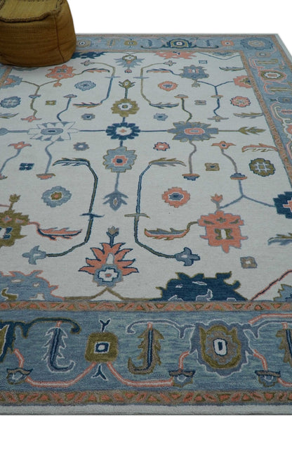 Allure Custom Made Ivory And Blue Traditional Oushak Hand Tufted Wool Rug.