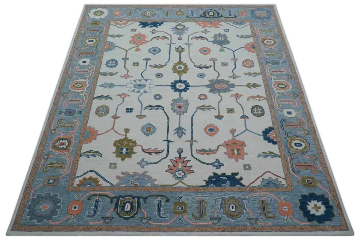 Allure Custom Made Ivory And Blue Traditional Oushak Hand Tufted Wool Rug.