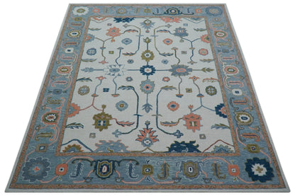 Allure Custom Made Ivory And Blue Traditional Oushak Hand Tufted Wool Rug.