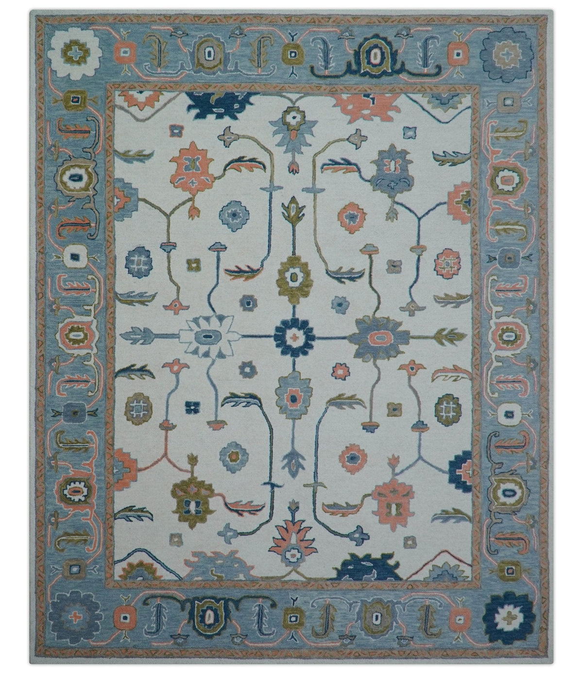 Allure Custom Made Ivory And Blue Traditional Oushak Hand Tufted Wool Rug.