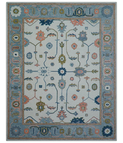 Allure Custom Made Ivory And Blue Traditional Oushak Hand Tufted Wool Rug.
