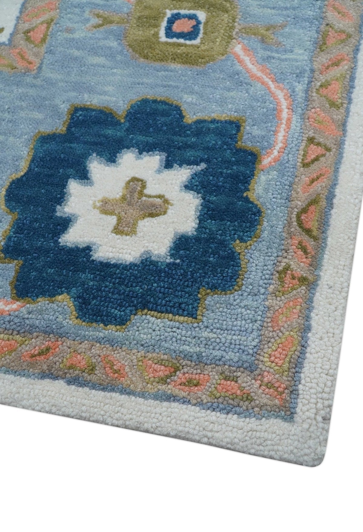 Allure Custom Made Ivory And Blue Traditional Oushak Hand Tufted Wool Rug.