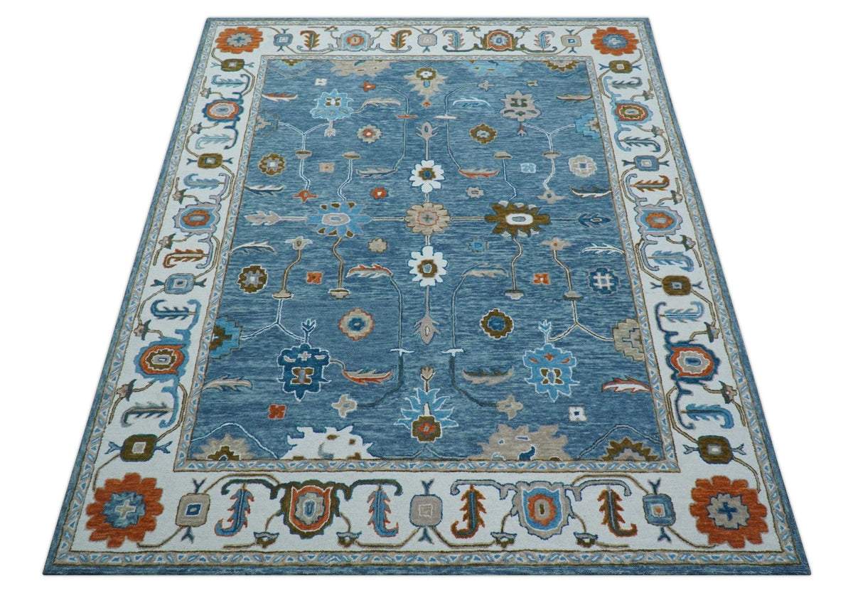 Allure Custom Made Modern Oushak Blue And Ivory Hand Tufted Wool Rug.