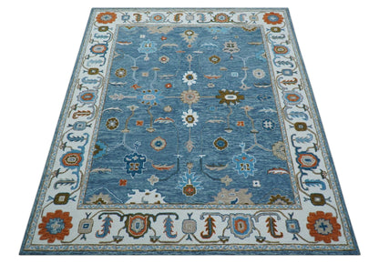 Allure Custom Made Modern Oushak Blue And Ivory Hand Tufted Wool Rug.
