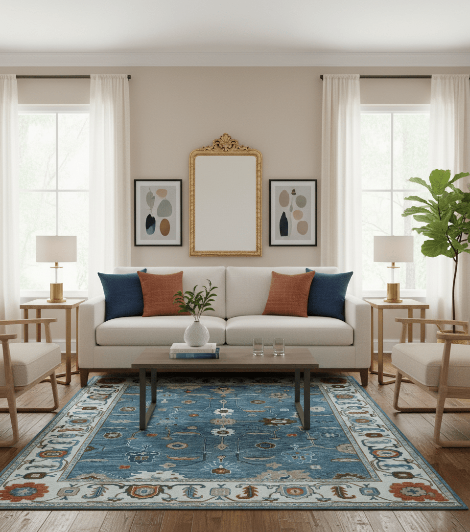 Allure Custom Made Modern Oushak Blue And Ivory Hand Tufted Wool Rug.