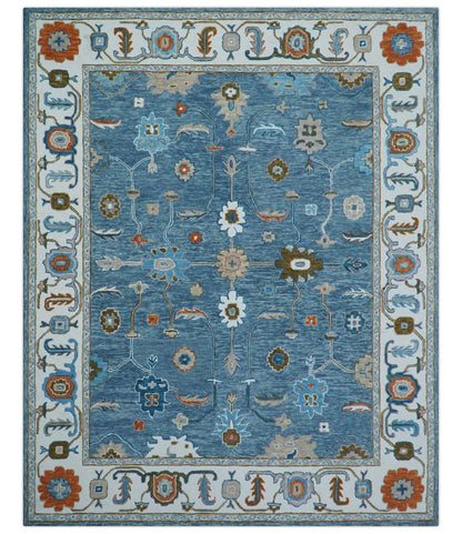 Allure Custom Made Modern Oushak Blue And Ivory Hand Tufted Wool Rug.