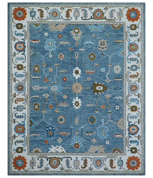 Allure Custom Made Modern Oushak Blue And Ivory Hand Tufted Wool Rug.