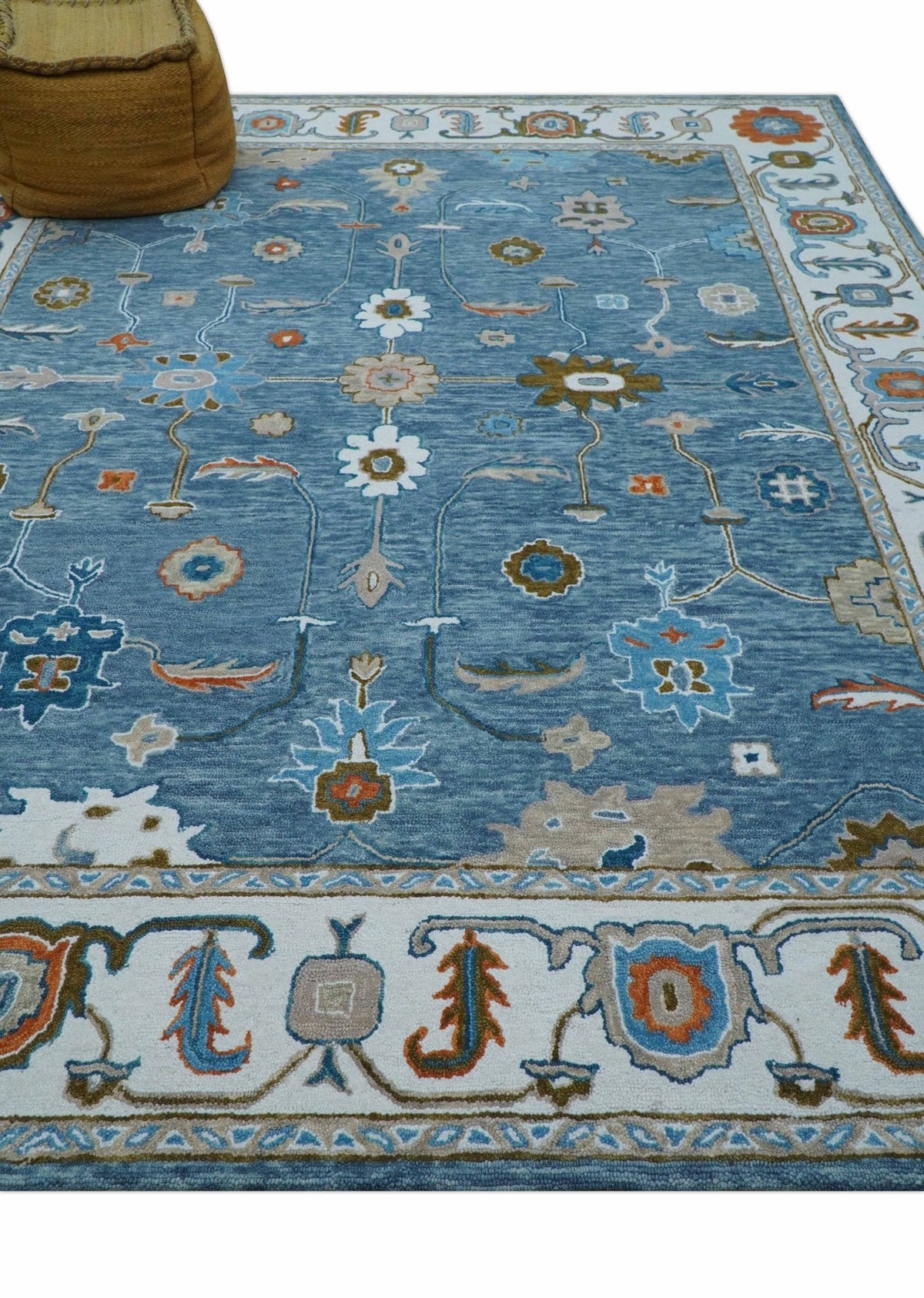 Allure Custom Made Modern Oushak Blue And Ivory Hand Tufted Wool Rug.