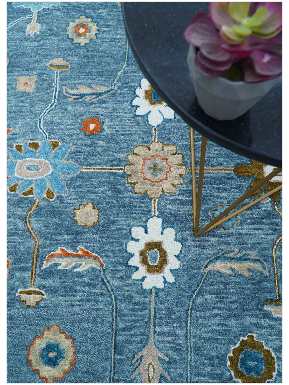Allure Custom Made Modern Oushak Blue And Ivory Hand Tufted Wool Rug.