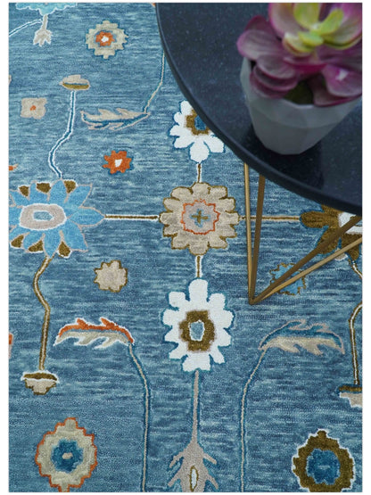 Allure Custom Made Modern Oushak Blue And Ivory Hand Tufted Wool Rug.