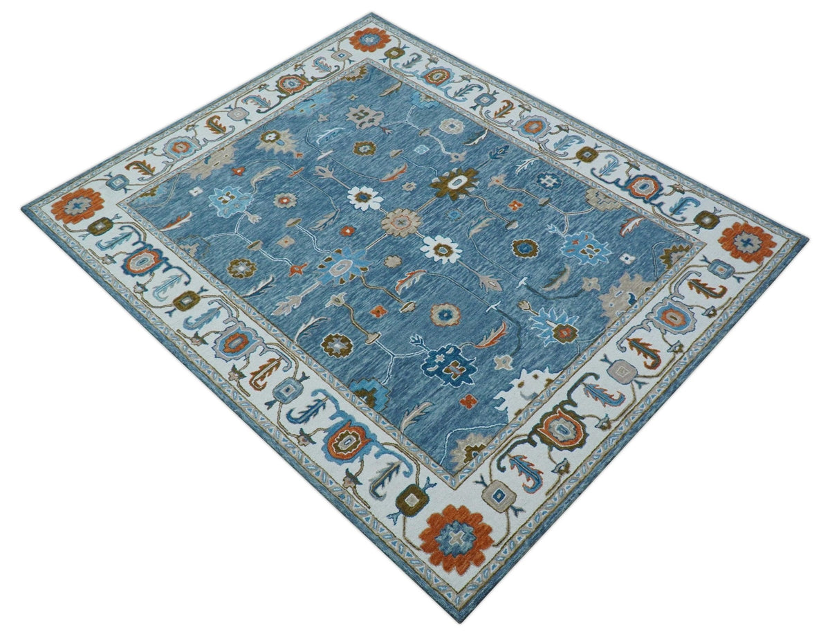Allure Custom Made Modern Oushak Blue And Ivory Hand Tufted Wool Rug.