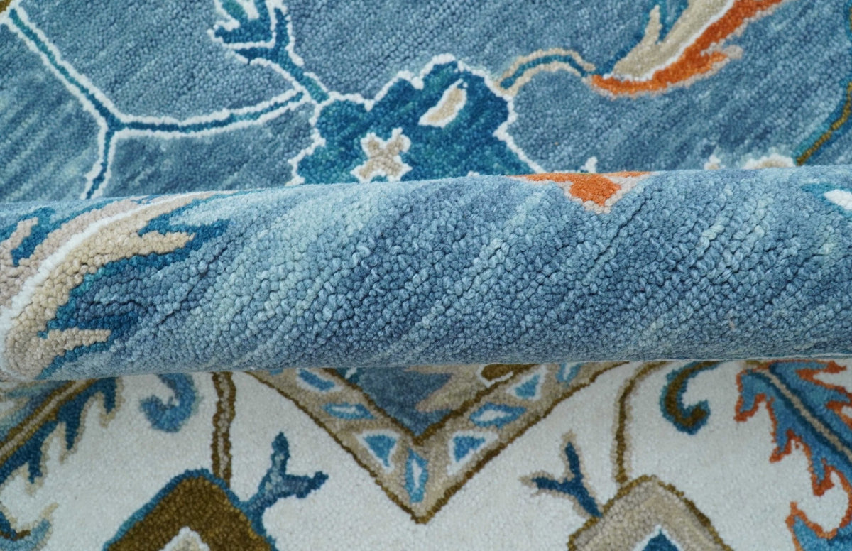Allure Custom Made Modern Oushak Blue And Ivory Hand Tufted Wool Rug.