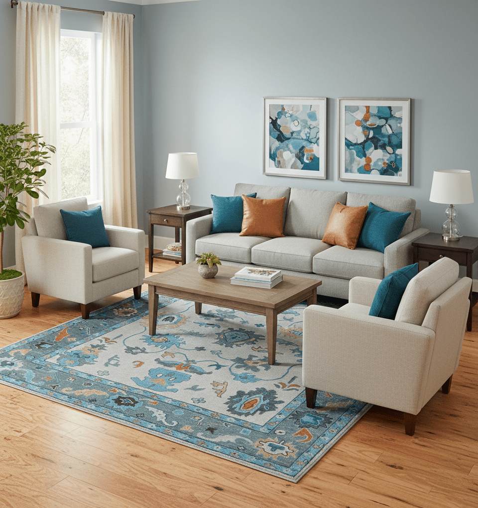 Allure Custom Made Traditional Design Peach And Blue Hand Tufted Wool Rug.