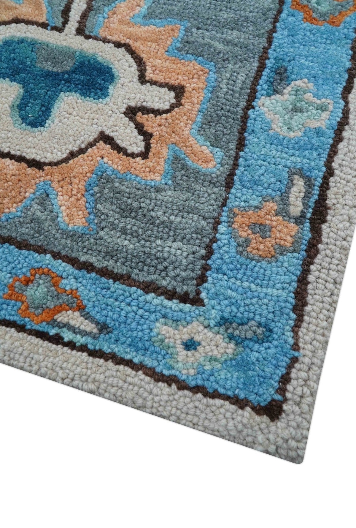 Allure Custom Made Traditional Design Peach And Blue Hand Tufted Wool Rug.