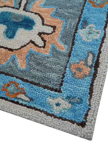 Allure Custom Made Traditional Design Peach And Blue Hand Tufted Wool Rug.