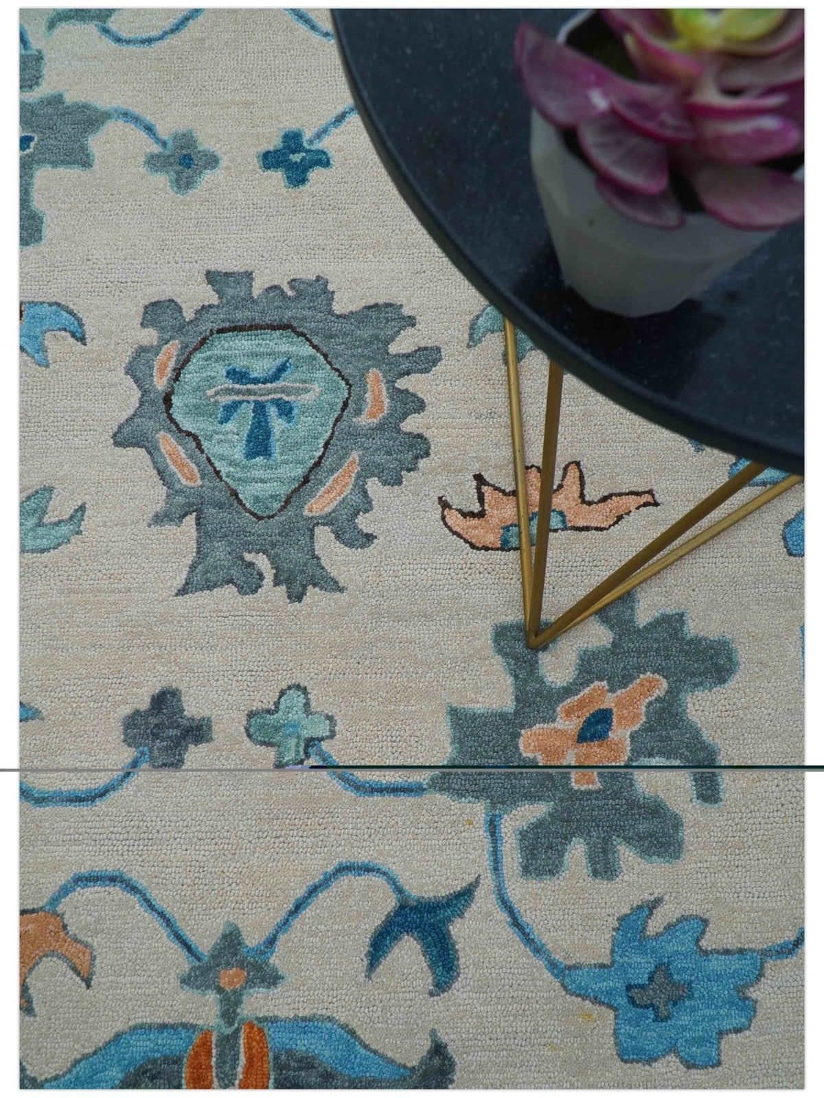 Allure Custom Made Traditional Design Peach And Blue Hand Tufted Wool Rug.