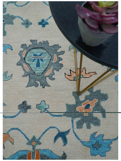 Allure Custom Made Traditional Design Peach And Blue Hand Tufted Wool Rug.