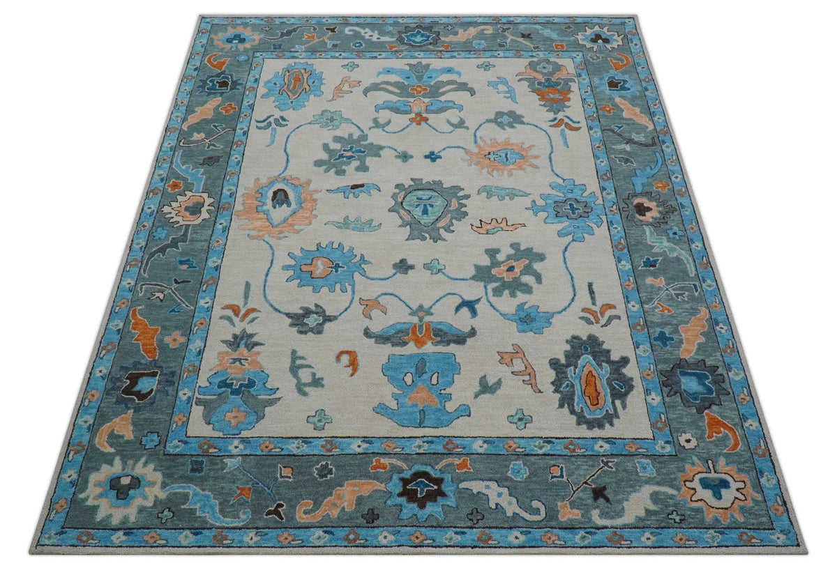 Allure Custom Made Traditional Design Peach And Blue Hand Tufted Wool Rug.