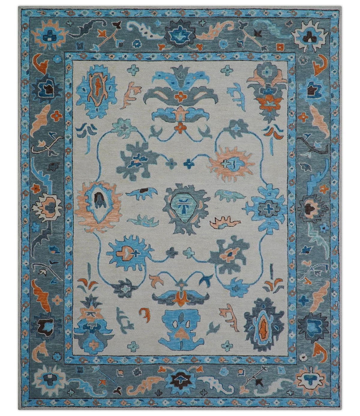 Allure Custom Made Traditional Design Peach And Blue Hand Tufted Wool Rug.