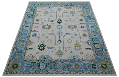 Allure Custom Made Traditional Oushak Beige And Blue Hand Tufted Wool Rug.