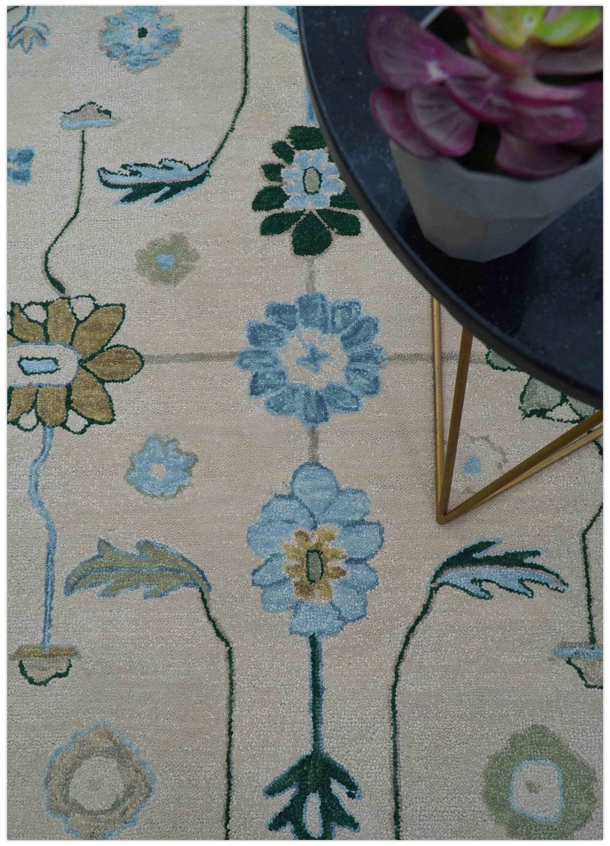 Allure Custom Made Traditional Oushak Beige And Blue Hand Tufted Wool Rug.