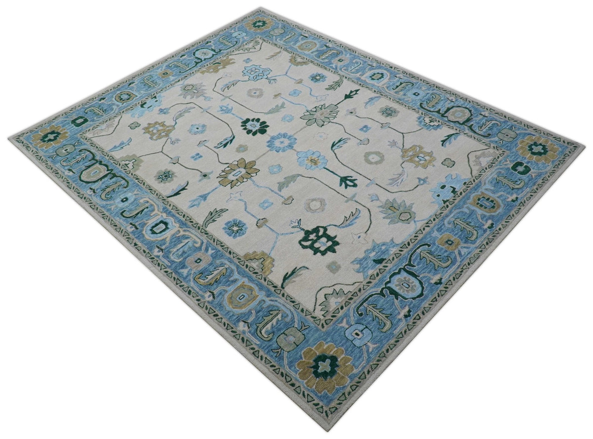 Allure Custom Made Traditional Oushak Beige And Blue Hand Tufted Wool Rug.