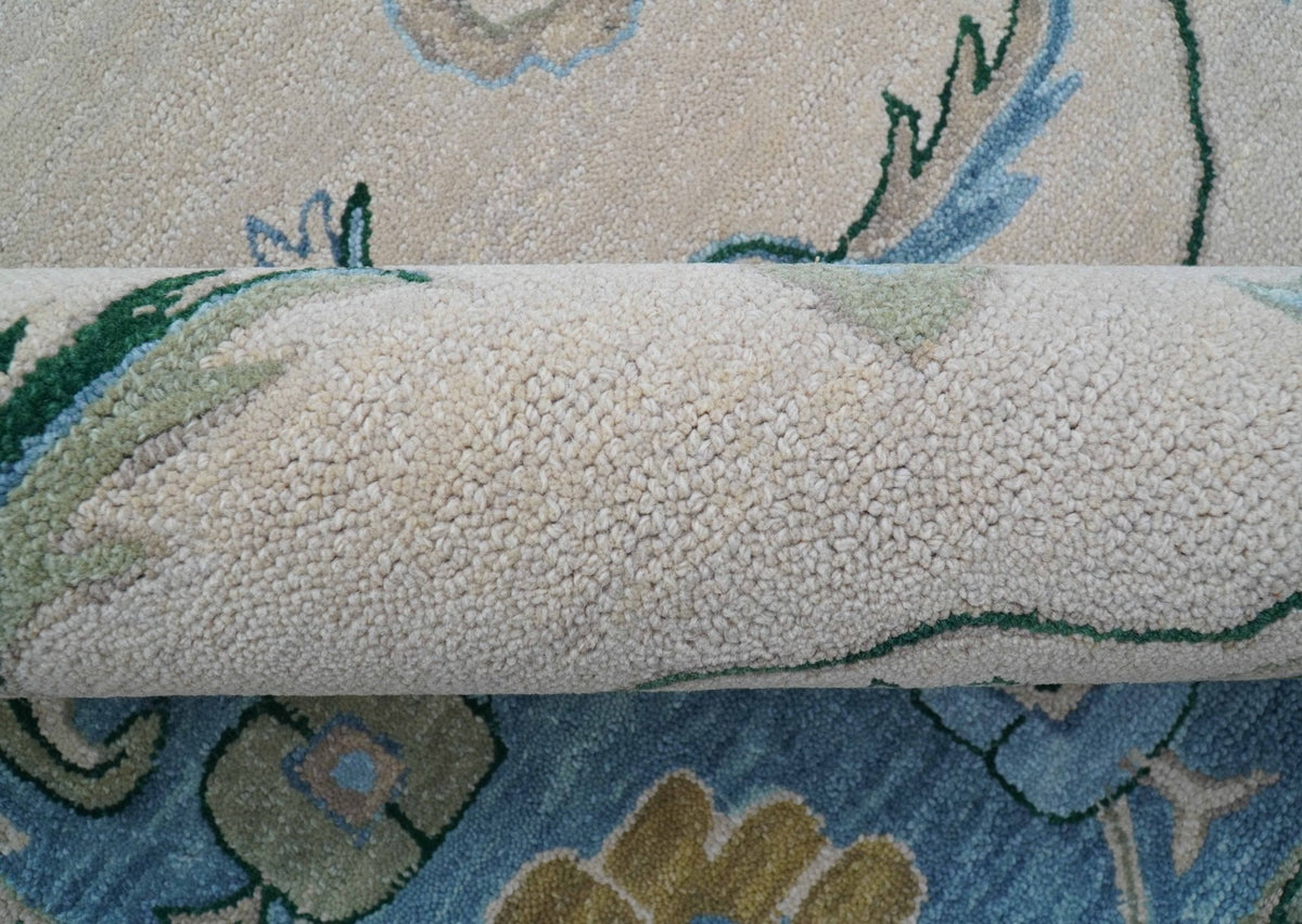 Allure Custom Made Traditional Oushak Beige And Blue Hand Tufted Wool Rug.