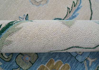 Allure Custom Made Traditional Oushak Beige And Blue Hand Tufted Wool Rug.