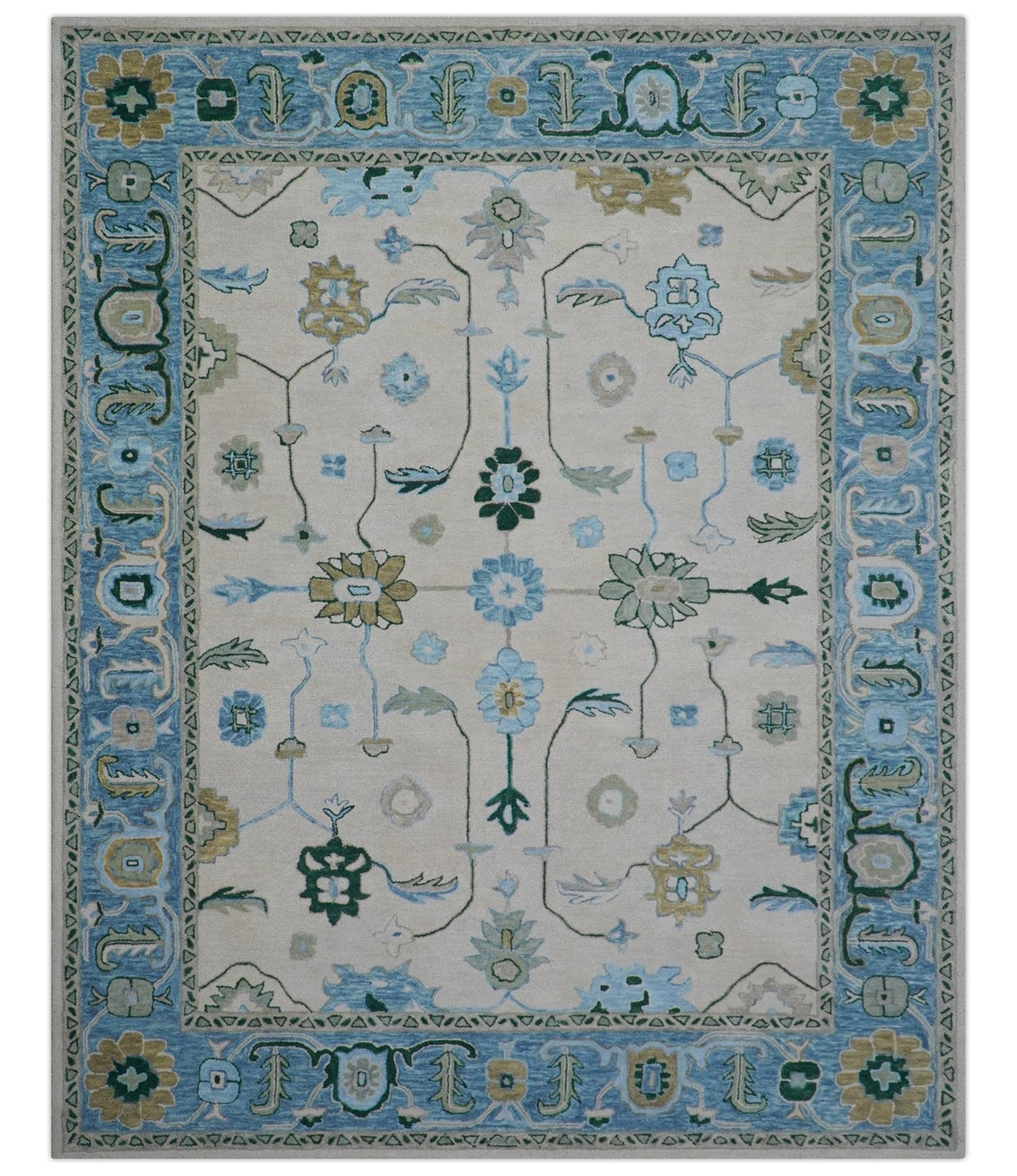 Allure Custom Made Traditional Oushak Beige And Blue Hand Tufted Wool Rug.