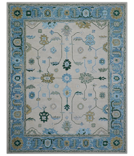 Allure Custom Made Traditional Oushak Beige And Blue Hand Tufted Wool Rug.