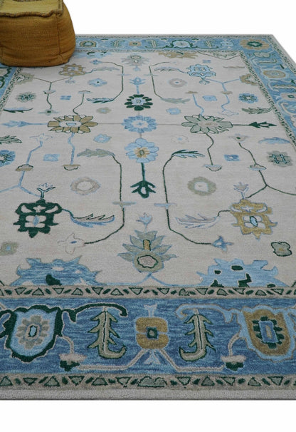 Allure Custom Made Traditional Oushak Beige And Blue Hand Tufted Wool Rug.
